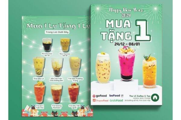 Mẫu tờ rơi quảng cáo trà sữa mua 1 tặng 1