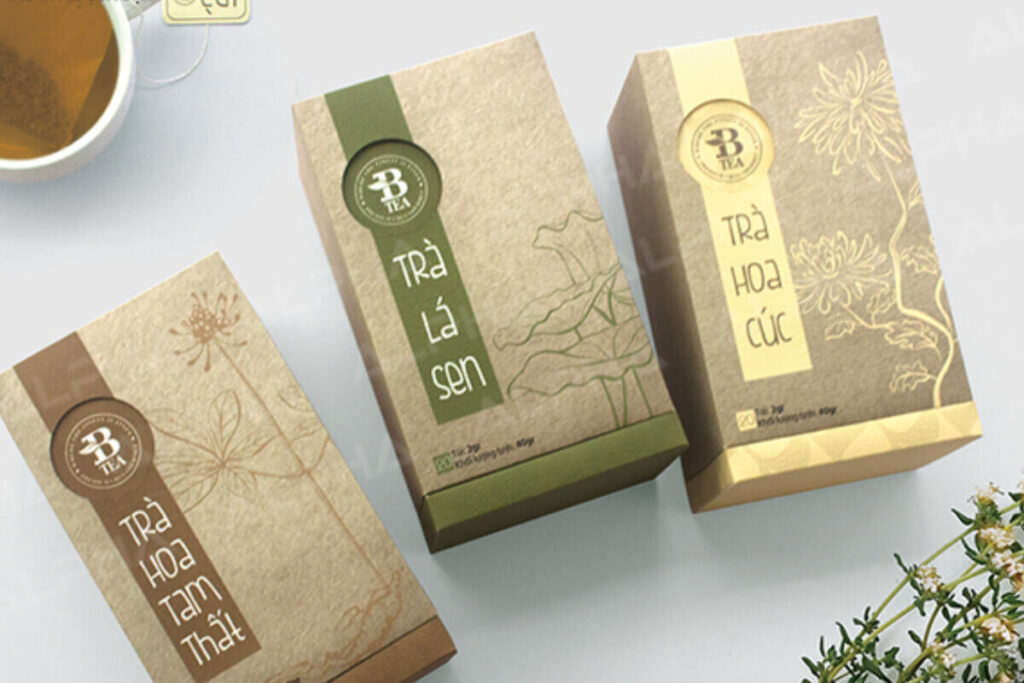 Mẫu thiết kế logo chè in trên hộp giấy sang trọng